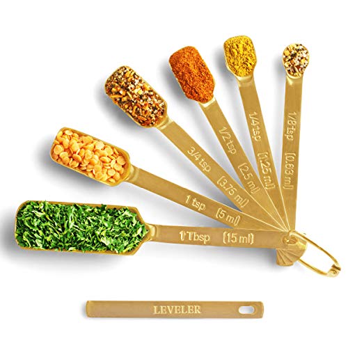 Gold Measuring Spoons - Set of 7 Includes Leveler - Premium Heavy-Duty Stainless Steel, Narrow, Long Handle Design Fits in Spice Jar