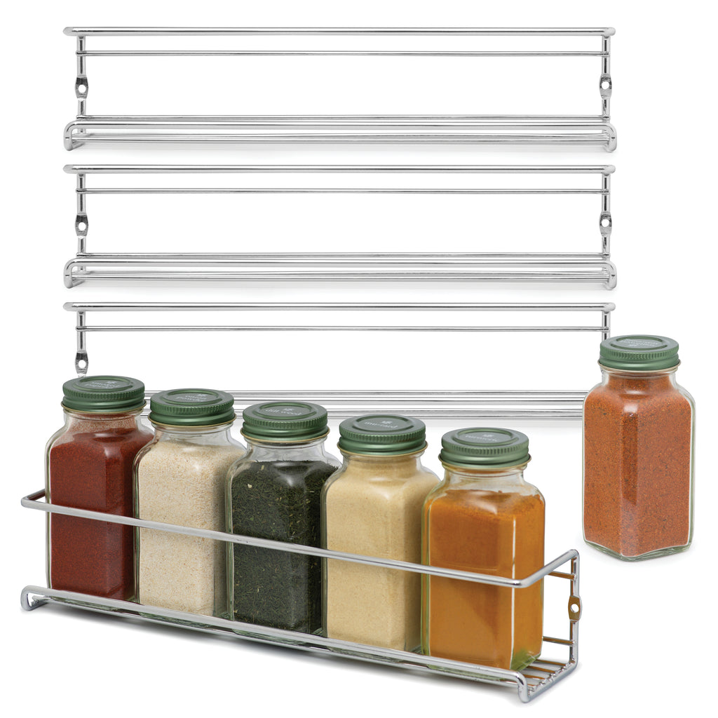 Set of 4 Space Saving Spice Racks – Stylish Chrome Spice Holder for Wall Mounting, Kitchen Cabinets or the Pantry – Easy Install Spice Storage for Kitchen Organization