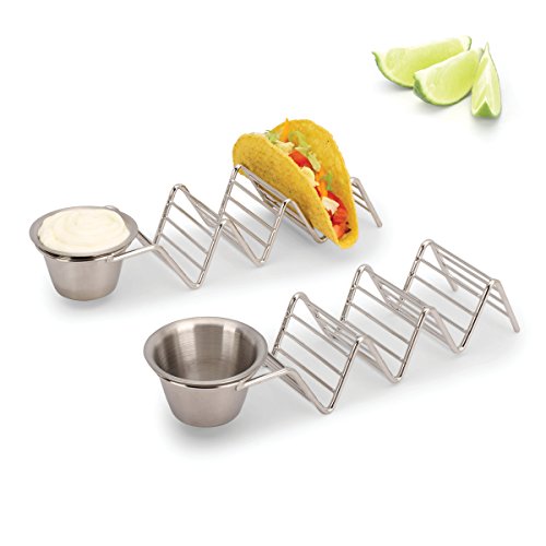 2LB Depot Taco Holder with Salsa, Guacamole Cup, Premium 18/8 Stainless Steel, Each Stand Holds 3 Hard Shell Tacos, Set of 2