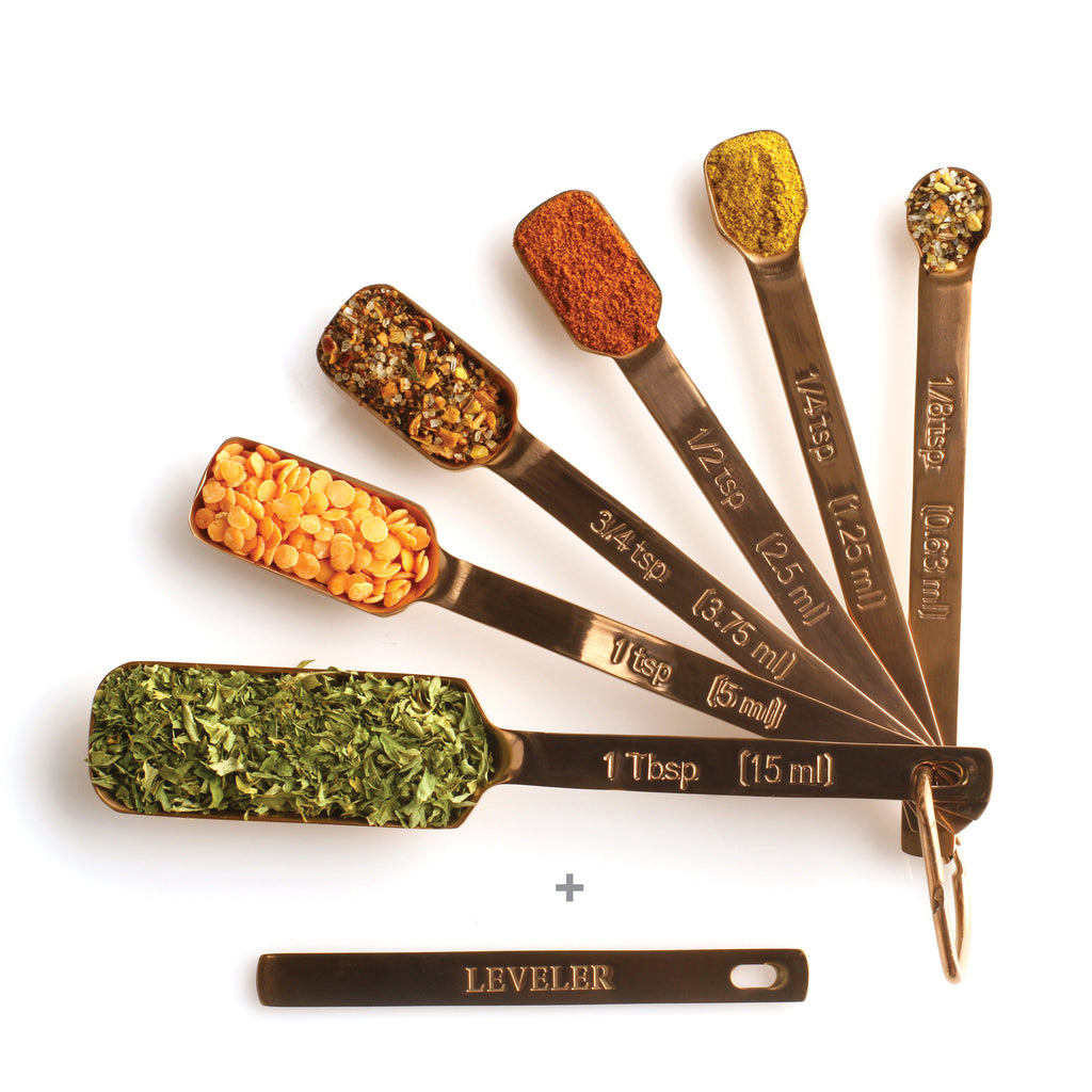 Copper Measuring Spoons - Set of 7 Includes Leveler - Premium Heavy-Duty Stainless Steel, Narrow, Long Handle Design Fits in Spice Jar